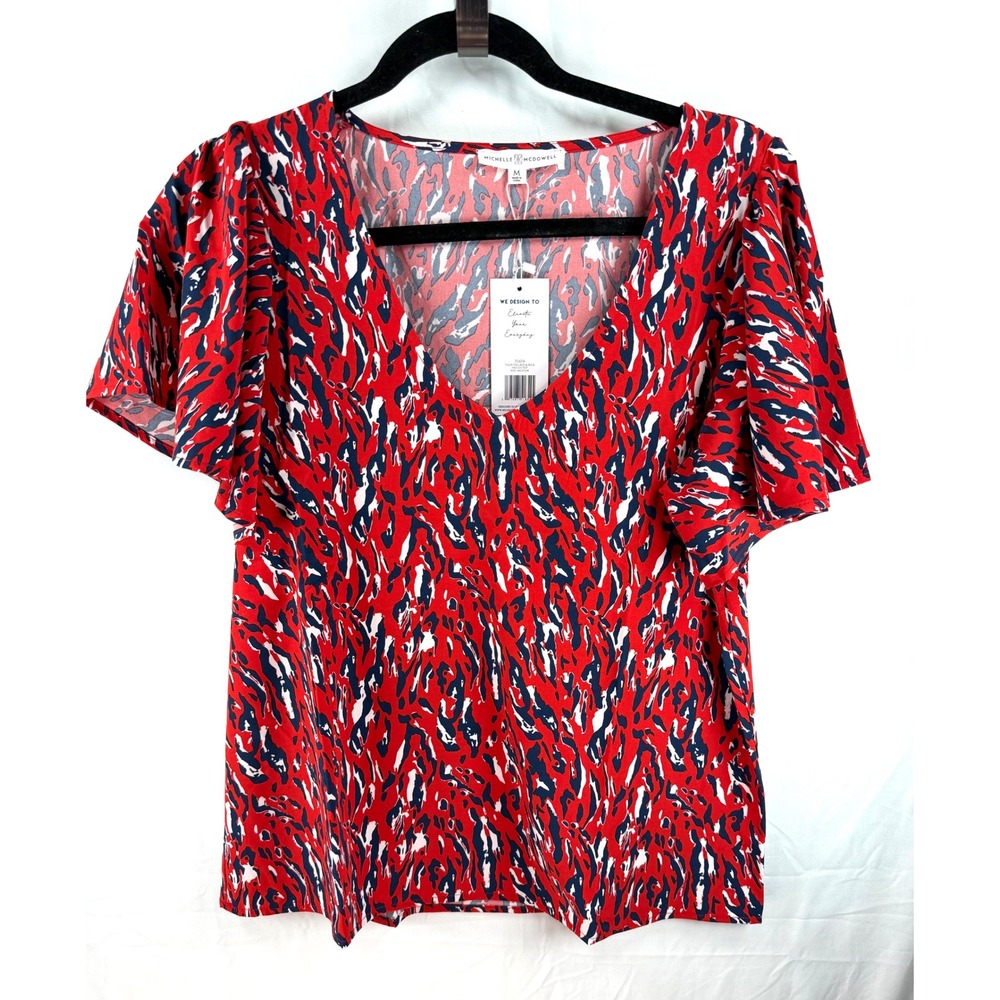 Michelle McDowell Tiger Tail Red Blue Paisley Top V-Neck Flutter Sleeve Medium
